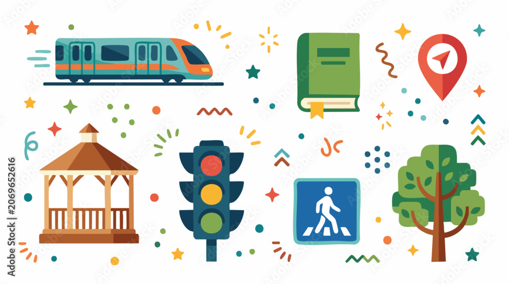 Naklejka premium Urban Travel and City Life Flat Vector Icon Collection