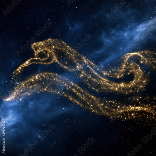 A mystical constellation in the shape of a roaring big cat formed by shimmering gold stars and cosmic dust in a deep blue celestial night sky