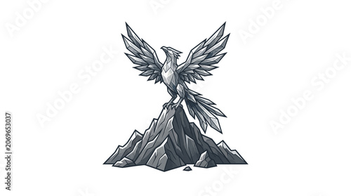 Bird standing on mountain peak wings.