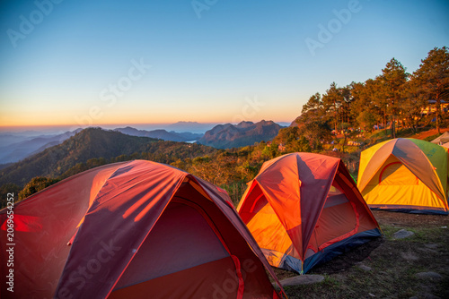 Εκτύπωση καμβά Tent camp in nature background with sunrise on top of mountain