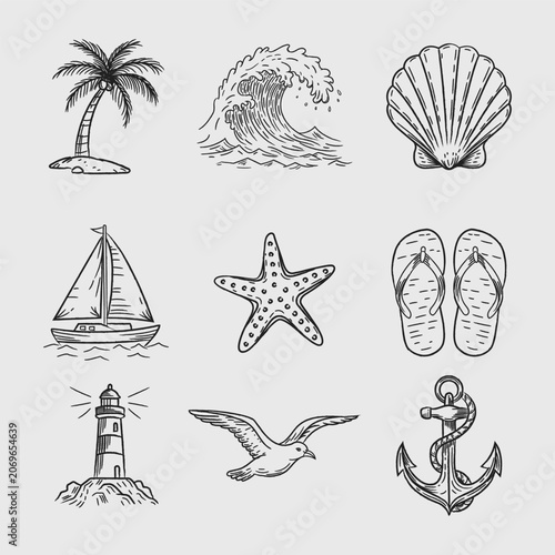 Hand Drawn Beach and Ocean Elements Line Art Illustration Set