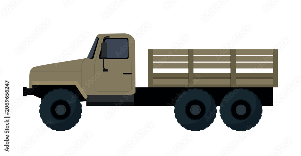 Obraz premium Vector illustration of a khaki beige offroad utility cargo truck with a wooden flatbed body. Isolated on white background.
