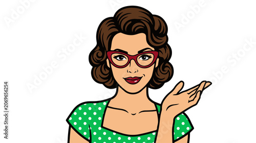 Woman with Retro Style and Cat Eye Glasses Making an Inviting Hand Gesture for Marketing Advice