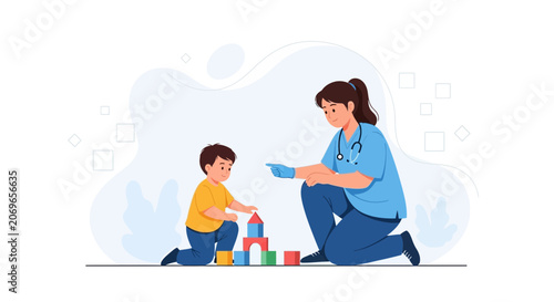 Nurse Helping Child Build Tower with Blocks, Healthcare and Childhood Development Concept