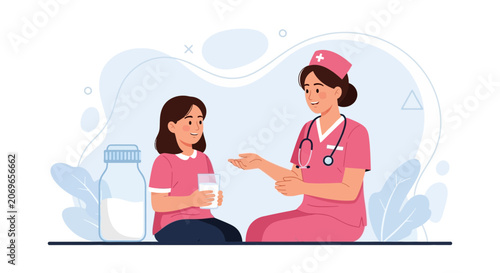 Nurse giving milk to a child in a modern illustration style, conveying health and care