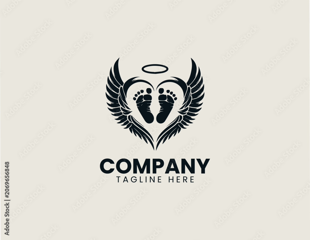 Obraz premium Angel baby footprints with wings heart shape minimalist black vector logo memorial symbol