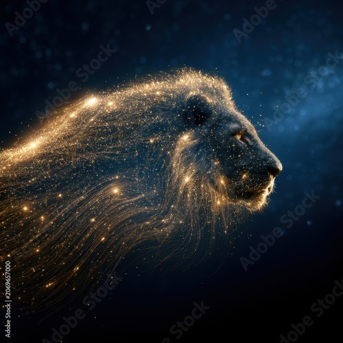 Illuminated majestic lion portrait with glowing golden particles and flowing mane against a deep blue cosmic background creating a sense of power and mystery