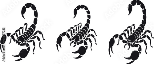 Fotografie Three stylish black and white scorpion vector icons in different poses