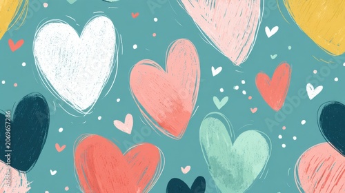 Abstract hand-drawn hearts in various pastel and bold colors scattered playfully on a textured teal background for a cheerful love-themed pattern