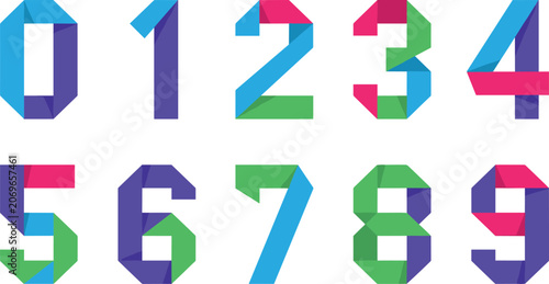 Vector colorful geometric illustration set featuring origami ribbon numbers from zero to nine folded style typographic font elements for graphic design