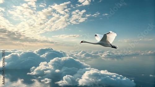 Graceful swan flies through dramatic clouds during golden hour with gentle camera drift
