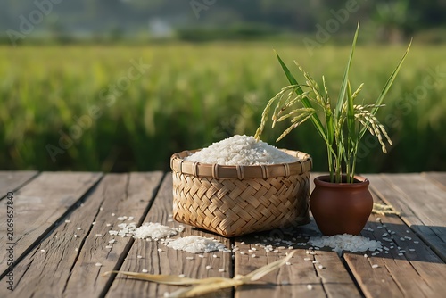 Rice plant in pot and basket on wooden table outdoor  agriculture and food concept