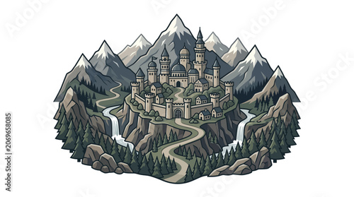 Fantasy Castle on Mountain Landscape Illustration.