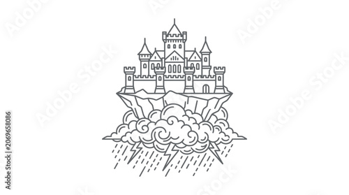 Fantasy Castle on Cloudy Mountain Top.