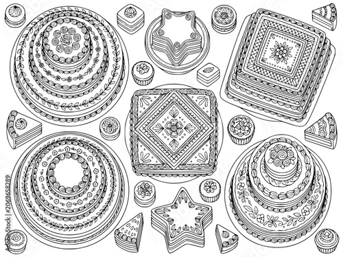 Hand drawn decorative cakes and sweets coloring page illustration