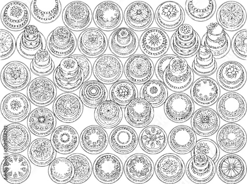 Hand drawn set of decorated cakes and pastries doodle vector