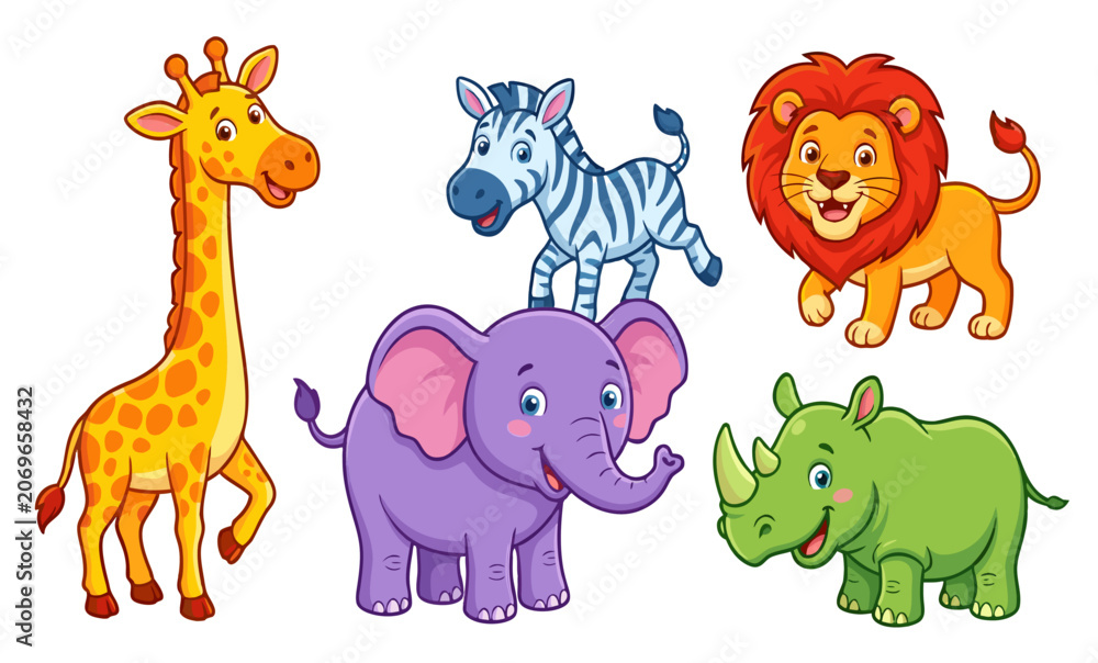Fototapeta premium A group of cute cartoon wild animals including giraffe, zebra, lion, elephant, and rhino on white background.