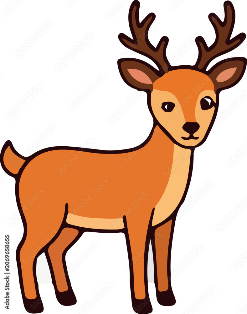 Obraz premium Cute Cartoon Deer with Antlers Standing Side View — Adorable Brown Wild Animal Character Illustration on White Background