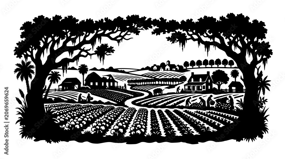 Obraz premium Woodcut Style Rural Farm Landscape Illustration with Workers and Crops