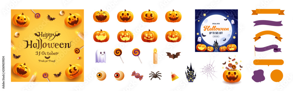 Fototapeta premium ハロウィンのかぼちゃやおばけのイラスト素材セット リボン・バナー・カードデザイン