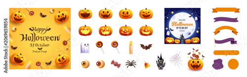 ハロウィンのかぼちゃやおばけのイラスト素材セット リボン・バナー・カードデザイン
