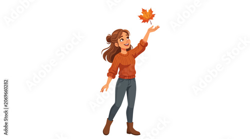Cheerful brunette in fall attire with maple leaf. Suitable for autumn fashion blogs, seasonal promotions, lifestyle articles, and social media.