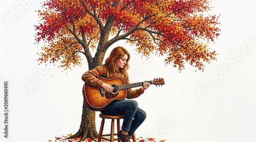 Foto Redhead musician playing acoustic guitar in vibrant autumn foliage, perfect for music album covers or fallthemed designs