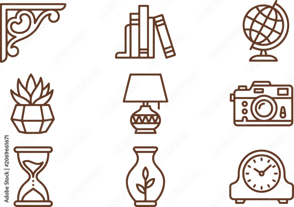 Fototapeta premium Collection of home decor and study line including wall bracket, books, globe, succulent, lamp, camera, hourglass, and vase