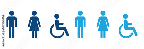 Set of blue restroom and accessibility icons including male female and wheelchair symbols.