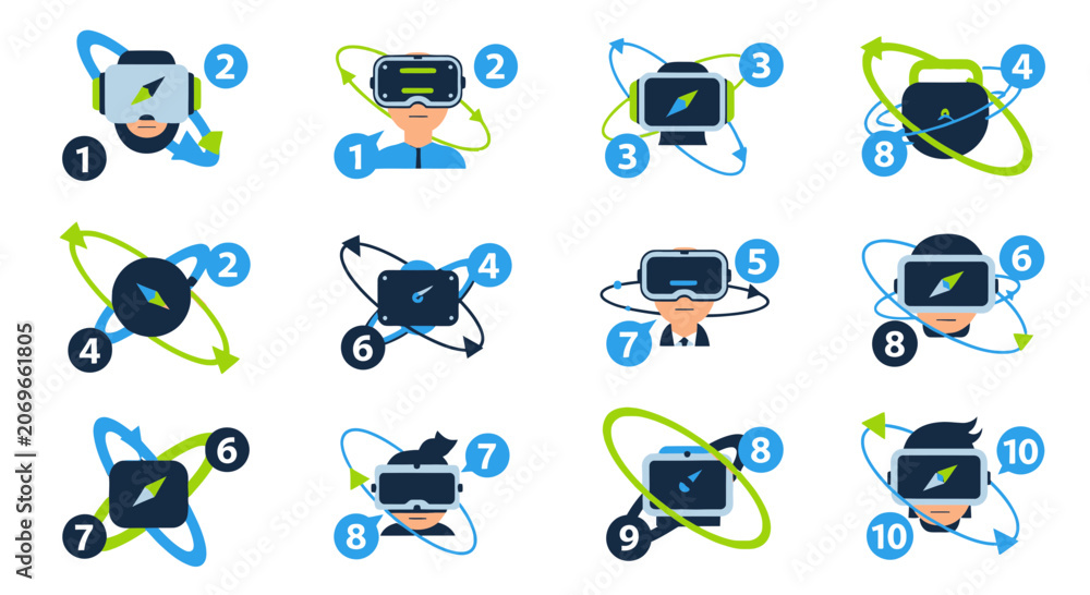 Fototapeta premium Virtual Reality 360 Degree Rotation and Navigation Icon Set