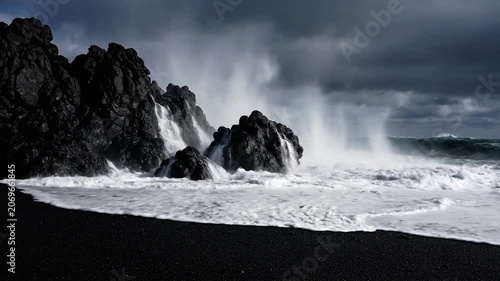 Powerful ocean waves crashing against dark volcanic rocks on a black sand beach
