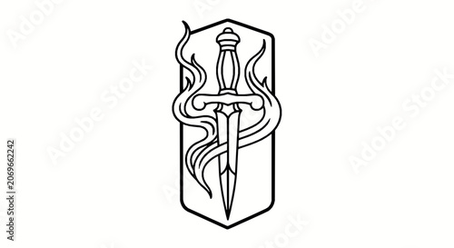 Vector illustration of a dagger with smoke swirls inside a shield emblem