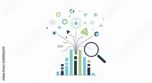 Data analysis and business intelligence concept with abstract charts and magnifying glass