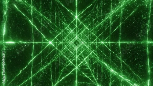 Abstract green laser light tunnel with glowing geometric lines