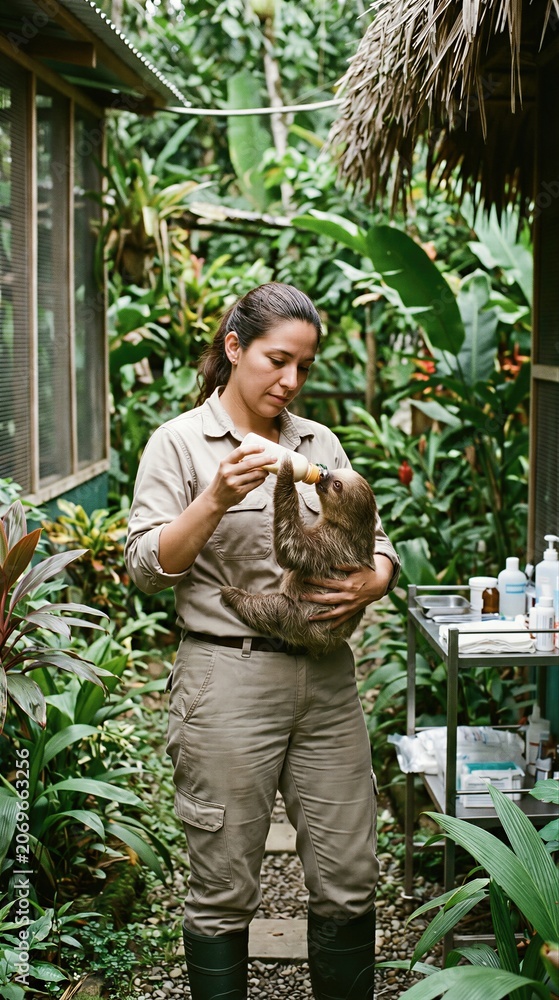 Fototapeta premium Woman veterinarian feeding baby sloth with milk bottle in sanctuary. Rescue center professional caring for exotic animal. Wildlife conservation, rehabilitation and nature care concept.