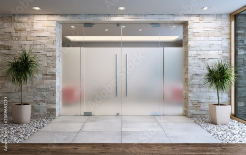 Sleek Office Entryway Featuring Translucent Glass Doors and Modern Design with Stone Accents and Plants