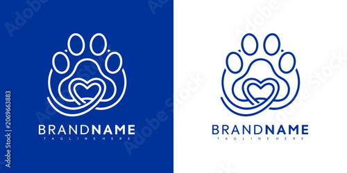 Принти на полотні Blue and white vector paw print logo designs with heart and brand name template for business or pet related companies and organizations with heartwarming themes