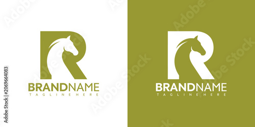 Obraz na plátně Elegant horse head logo design with letter R and brand name template in green an
