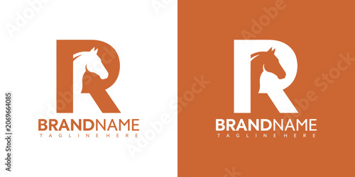 Obraz na plátně Elegant horse head logo design with letter R and brand name template in orange a