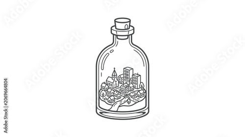 Miniature Cityscape in Glass Bottle.