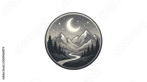 Moonlit Mountain Landscape Scene Icon.