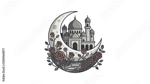 Mosque Building with Crescent Moon.