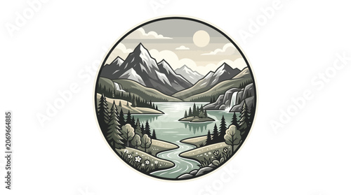 Mountain Landscape with River and Trees.