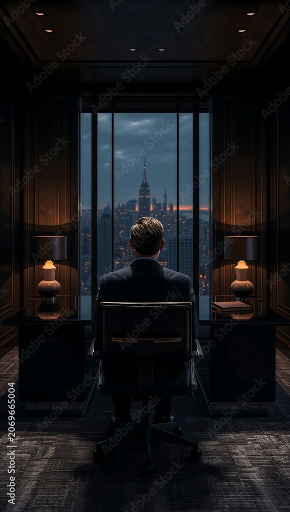 Obraz premium Generative AI depicts a solitary person gazing through a large window at a city skyline during