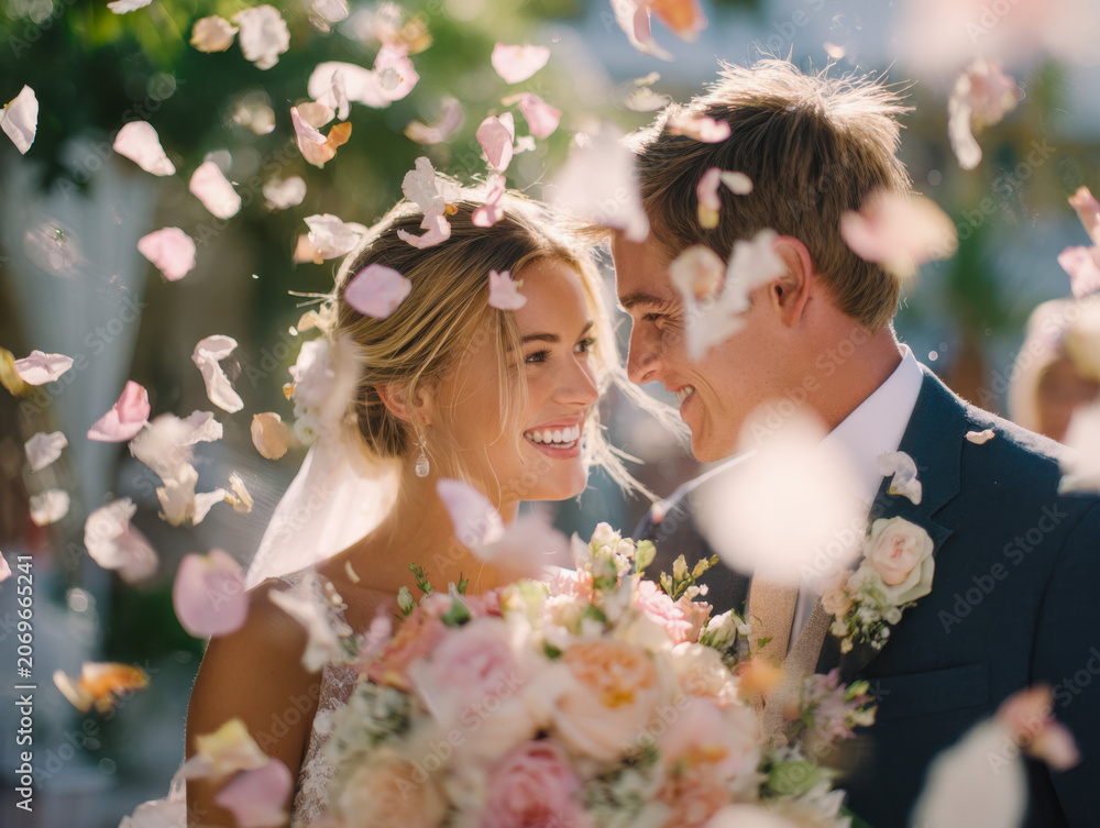 Fototapeta premium Happy bride and groom smiling joyfully surrounded by falling flower petals during their romantic outdoor wedding celebration on a sunny day