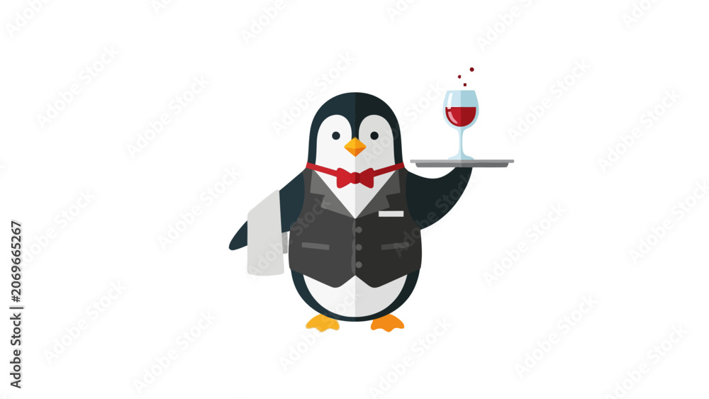 Obraz premium Waiter penguin in a vest holding a tray with a glass of red wine