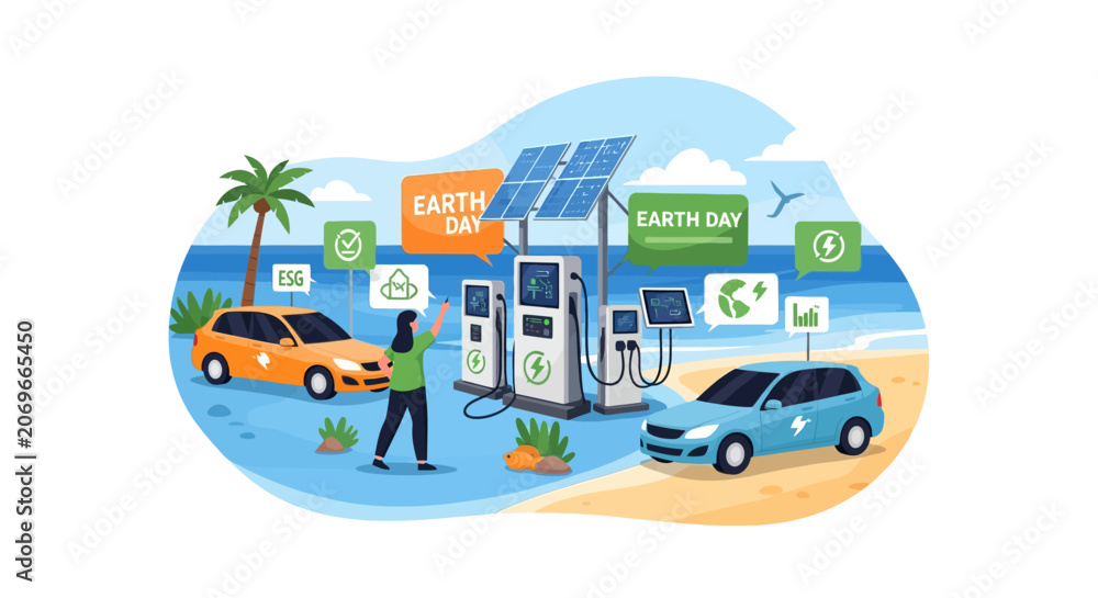 Fototapeta premium Electric Cars Charging Station with Solar Panels and Earth Day Symbols.