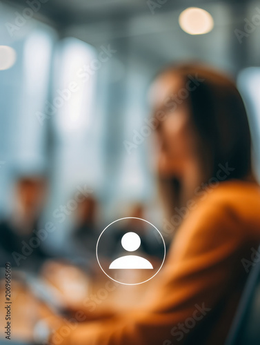 Blurred woman in orange jacket participating in a modern office meeting with colleagues in a bright workspace environment with large windows and natural light