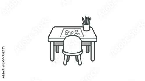 Simple desk with chair and pencils.