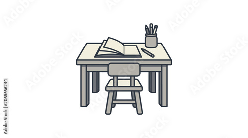 Simple desk with chair and supplies.